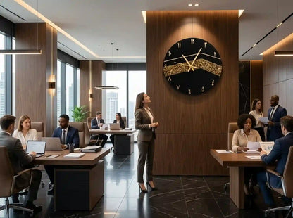 A modern office interior with several people working at desks and one woman standing near a large black wall clock with gold hands and decorative gold accents. The room has wood paneling, dark marble flooring, and large windows.