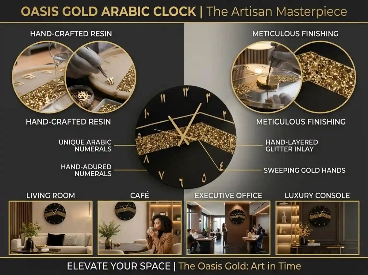 Oasis Gold Arabic wall clock featuring a black face with gold glitter Arabic numerals and gold hands, presented on a dark gray promotional background with feature callouts and lifestyle room scenes.