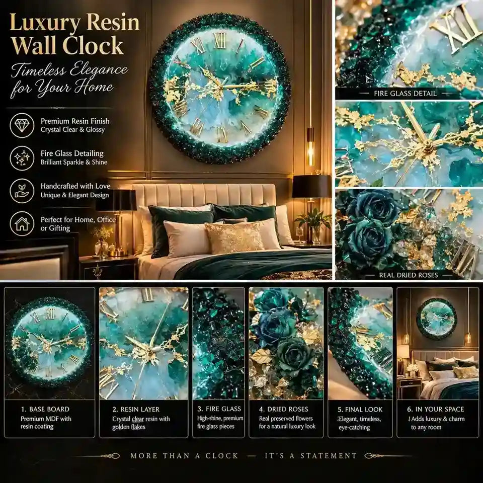Luxury resin wall clock with a teal and gold glitter design, shown in a bedroom setting and as a detailed product collage with feature icons and step-by-step installation instructions.
