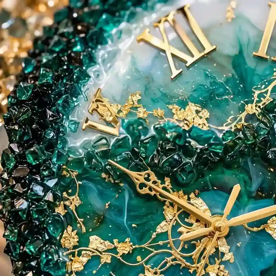 Close-up of an ornate clock face with deep green marbled stone, gold Roman numerals, gold hands, and gold floral detailing.