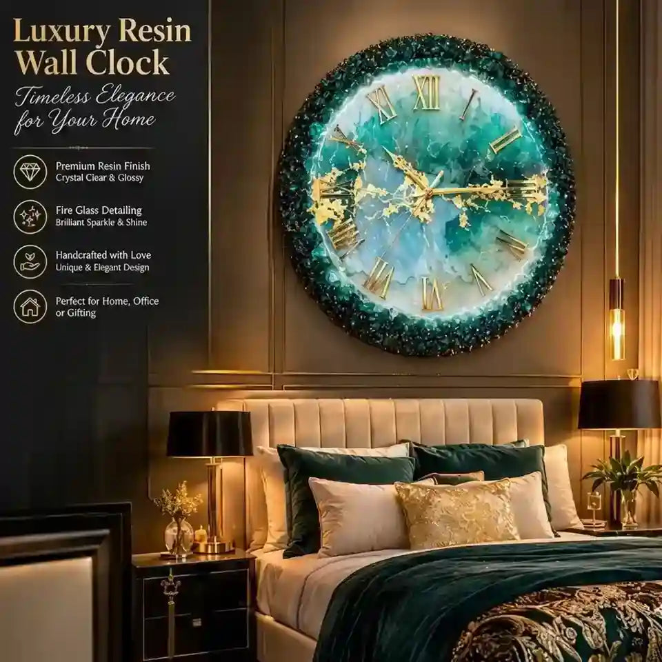 Luxury resin wall clock with a swirling teal and gold marble design, mounted on a dark brown wall above a bed in a styled bedroom setting.