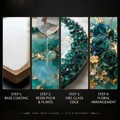 Four-panel process graphic showing the creation of a resin floral arrangement: base coating, resin pour with gold flakes, fire glass edge detail, and the final floral arrangement with gold accents, over a black background with text labels.