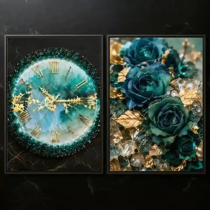 Two framed wall art pieces displayed side by side on a dark background. The left framed piece shows a round clock face with a teal and blue marble-like design, gold Roman numerals, and gold hands, surrounded by a dark glittery border.