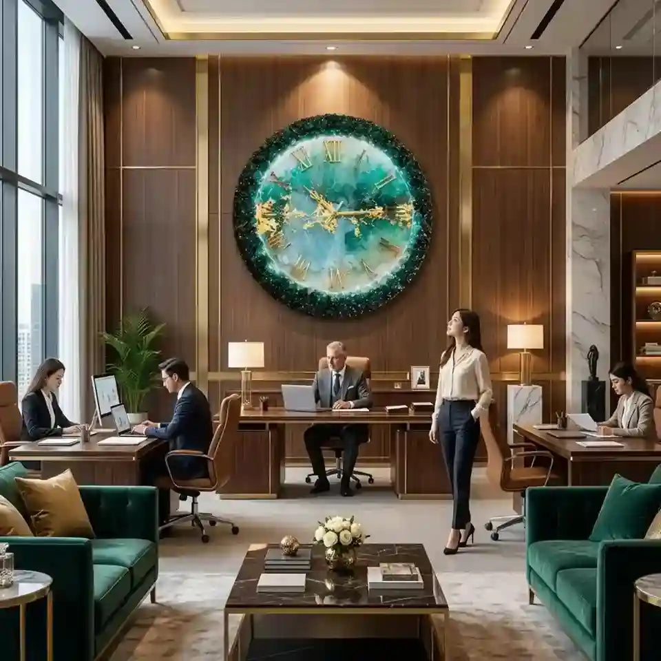 A luxurious modern office interior with multiple people working at desks, a large round green and gold wall clock, dark wood paneling, green velvet seating, and a marble coffee table.