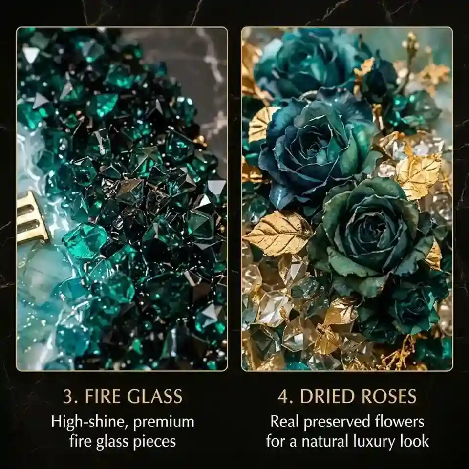 A two-panel promotional graphic on a dark marble background. The left panel shows glossy emerald and teal fire glass pieces with text reading '3.