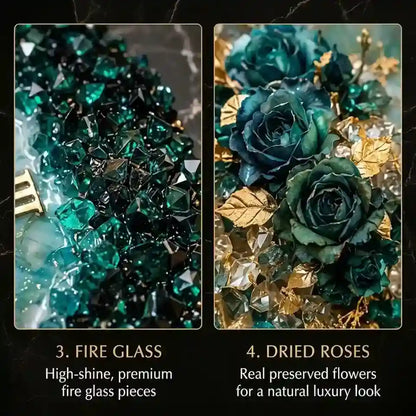 A two-panel promotional graphic on a dark marble background. The left panel shows glossy emerald and teal fire glass pieces with text reading '3.