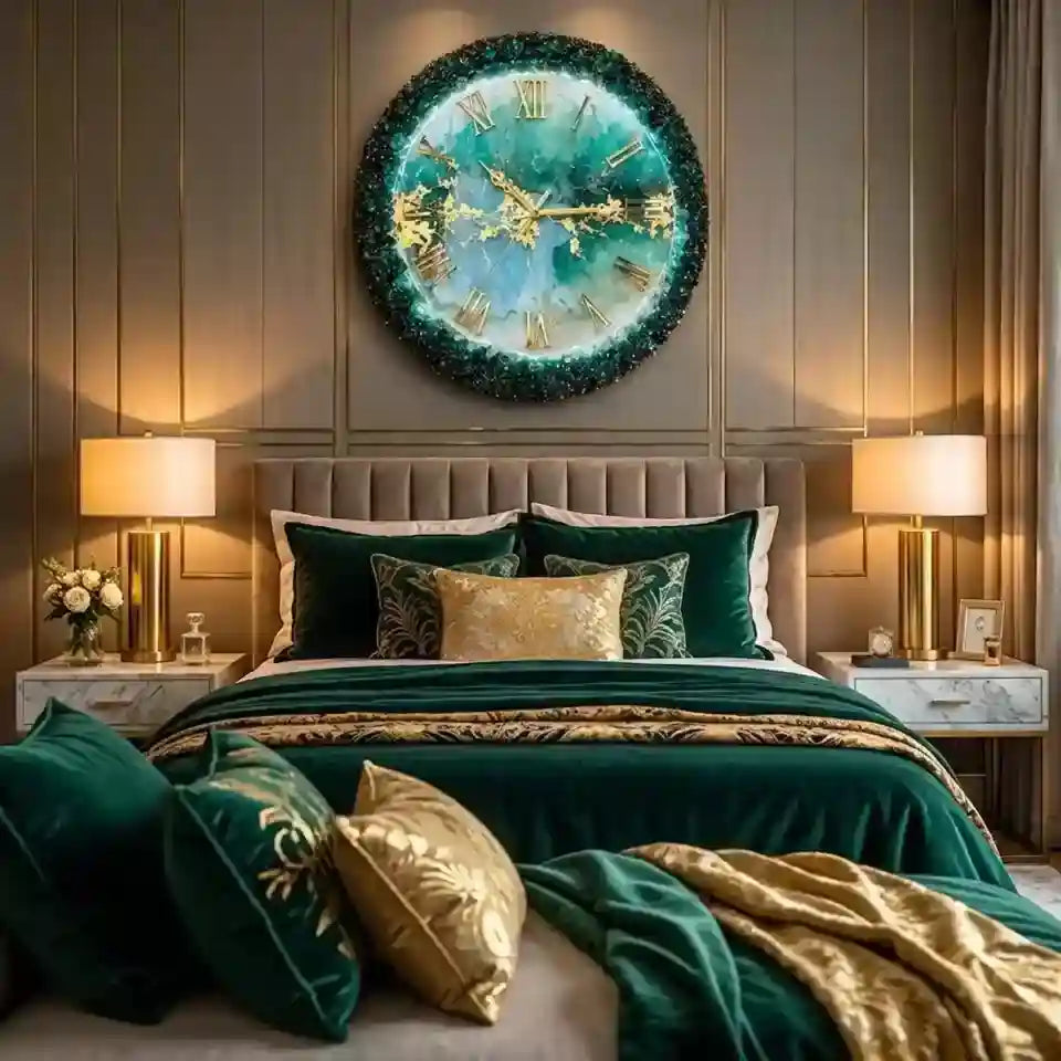 A luxurious bedroom scene featuring a large round wall clock with a glowing teal and gold face, mounted above a bed styled with deep green and gold bedding, matching pillows, and gold lamps on white nightstands.