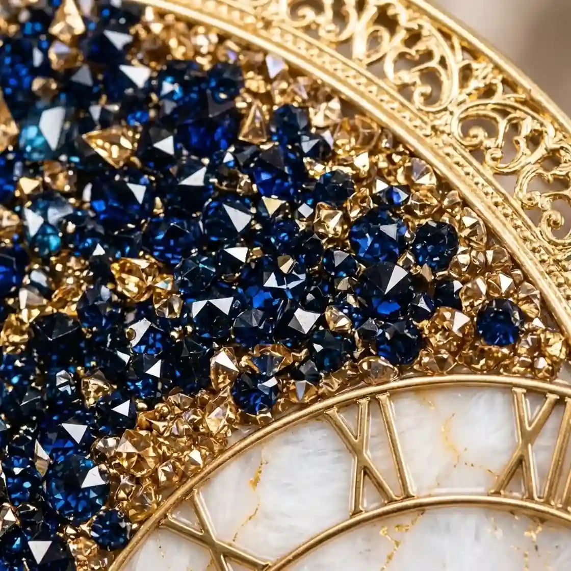 Close-up of an ornate gold-toned jewelry piece featuring deep blue faceted gemstones, gold pavé accents, and a white marbled inlay.
