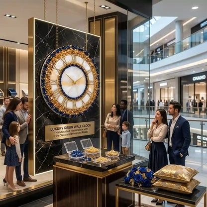 A luxury wall clock displayed in a high-end shopping mall atrium, featuring a gold and blue marbled frame with a white dial and gold Roman numerals. Several people are gathered around the display table showcasing the clock and matching gold and blue decorative accessories.