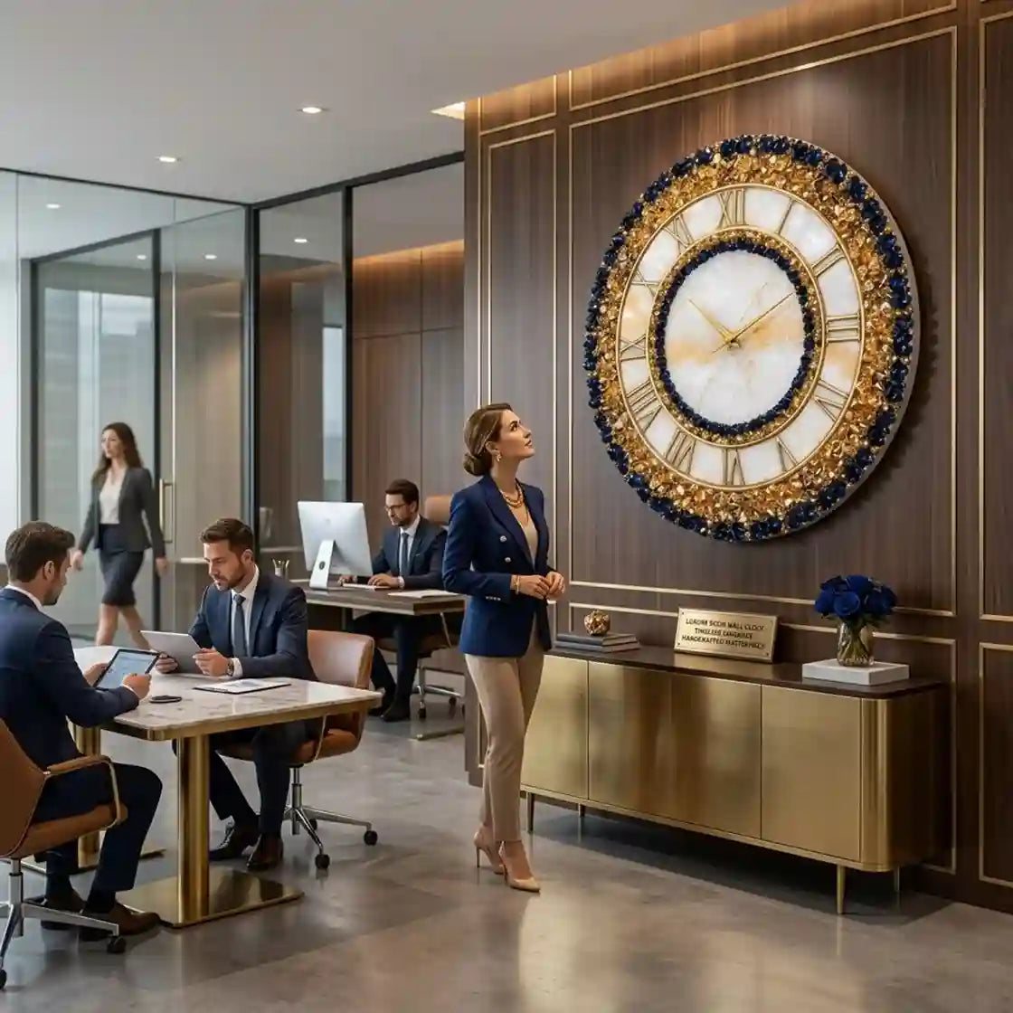 A large round wall clock with a white face, gold Roman numerals, and a dark blue floral border is mounted on a wood-paneled office wall. In the foreground, a woman in a navy blazer and beige pants walks past a gold credenza, while several men are seated at desks in a modern office setting.