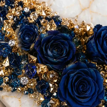 A close-up decorative arrangement featuring three deep blue roses layered over and surrounded by metallic gold and dark blue faceted crystal-like embellishments on a light marble surface.