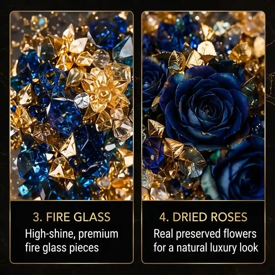 A two-panel promotional graphic on a dark background. The left panel shows a close-up of faceted blue and gold fire glass pieces with text reading '3.
