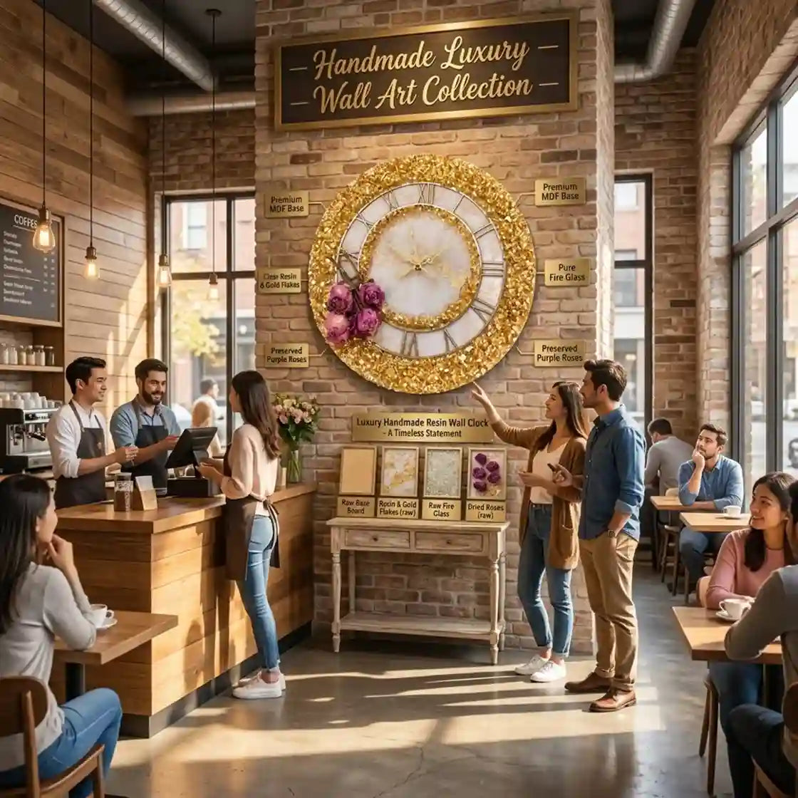 A lifestyle scene inside a rustic brick cafe or showroom where a group of people are gathered around a large decorative gold clock mounted on a brick wall. A sign above reads 'Handmade Luxury Wall Art Collection,' and other wall art pieces are displayed on the wall.