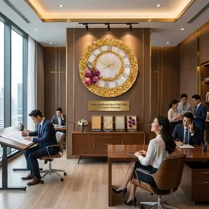 A modern office interior with several people seated and standing around desks and a large decorative gold wall clock mounted above a wooden cabinet. The room has warm wood paneling, light wood floors, and large windows on the left.