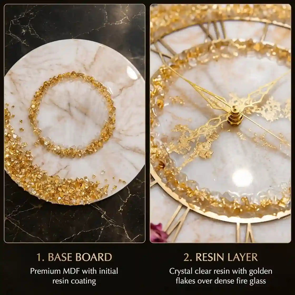 Two-panel close-up of a decorative clock face and circular base board with text labels. The left panel shows the circular base board with a gold ring and gold glitter around a white marble-look center.