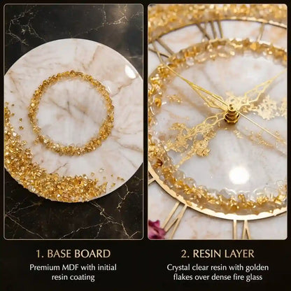 Two-panel close-up of a decorative clock face and circular base board with text labels. The left panel shows the circular base board with a gold ring and gold glitter around a white marble-look center.