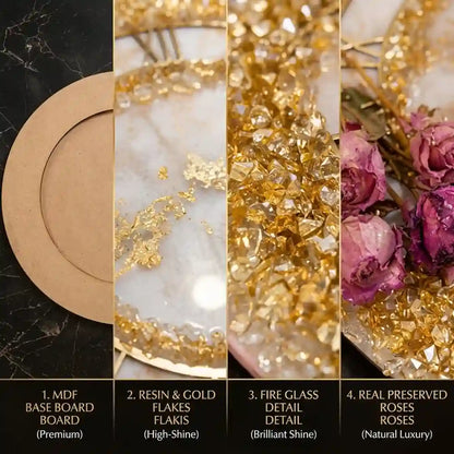 A four-panel product detail collage showing decorative resin tray components: a tan MDF base board on the left, gold flakes over white resin, metallic gold fire glass detail, and dried pink roses with gold flakes. Text labels identify the materials and shine levels.