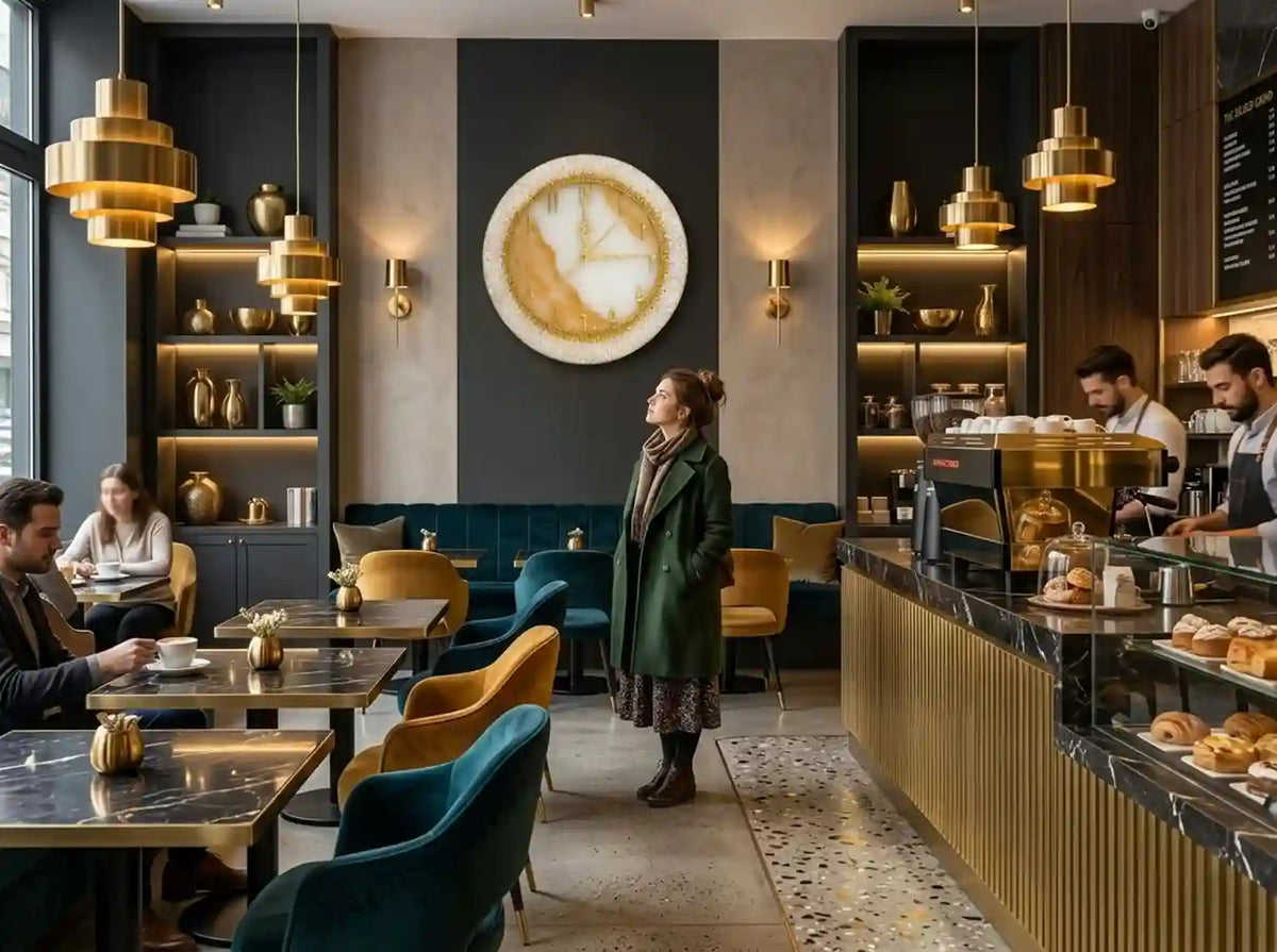 A modern cafe interior with patrons seated at tables, a woman standing near the center, and baristas working behind a counter with pastries displayed. The space features dark wood shelving, gold pendant lights, teal velvet seating, and a large round wall clock.
