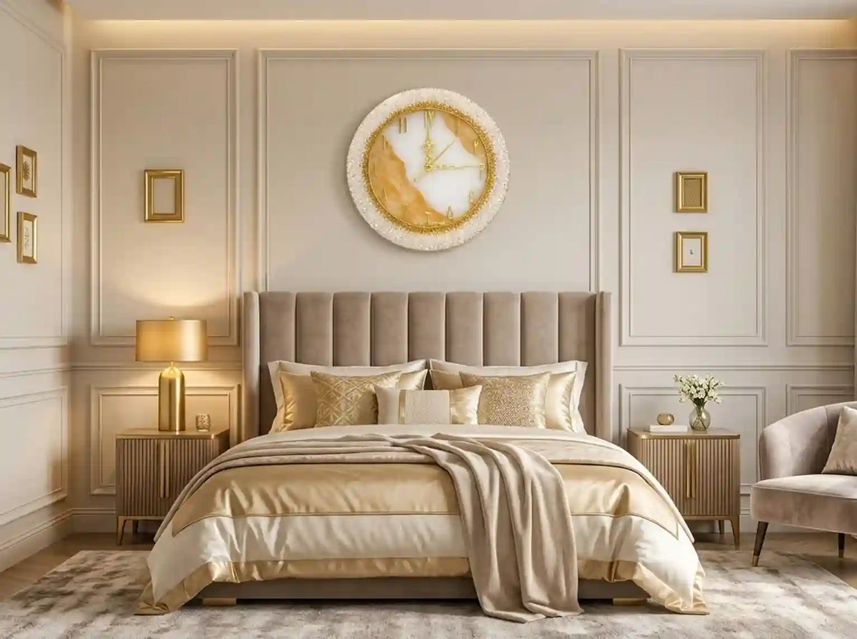 A luxury bedroom featuring a bed with a tufted beige headboard, dressed in cream and gold bedding, flanked by matching bedside tables and lamps. A round decorative wall clock with a gold frame and textured white rim hangs on the wall above the bed.