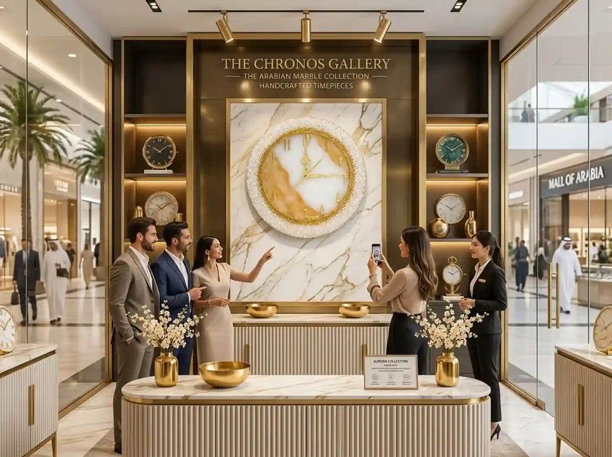 A luxury watch gallery interior with several people gathered around a large marble display wall featuring a gold-rimmed clock face artwork. Shelves with illuminated clocks and decorative vases are visible, and the space has warm gold, cream, and dark wood tones.