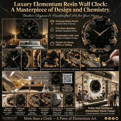 A promotional collage for an Elementum resin wall clock, showing multiple close-up views of the clock face and hands, a bedroom installation, feature callouts, and a showroom scene. The dominant product color is black with prominent gold accents and text, branded Elementum.