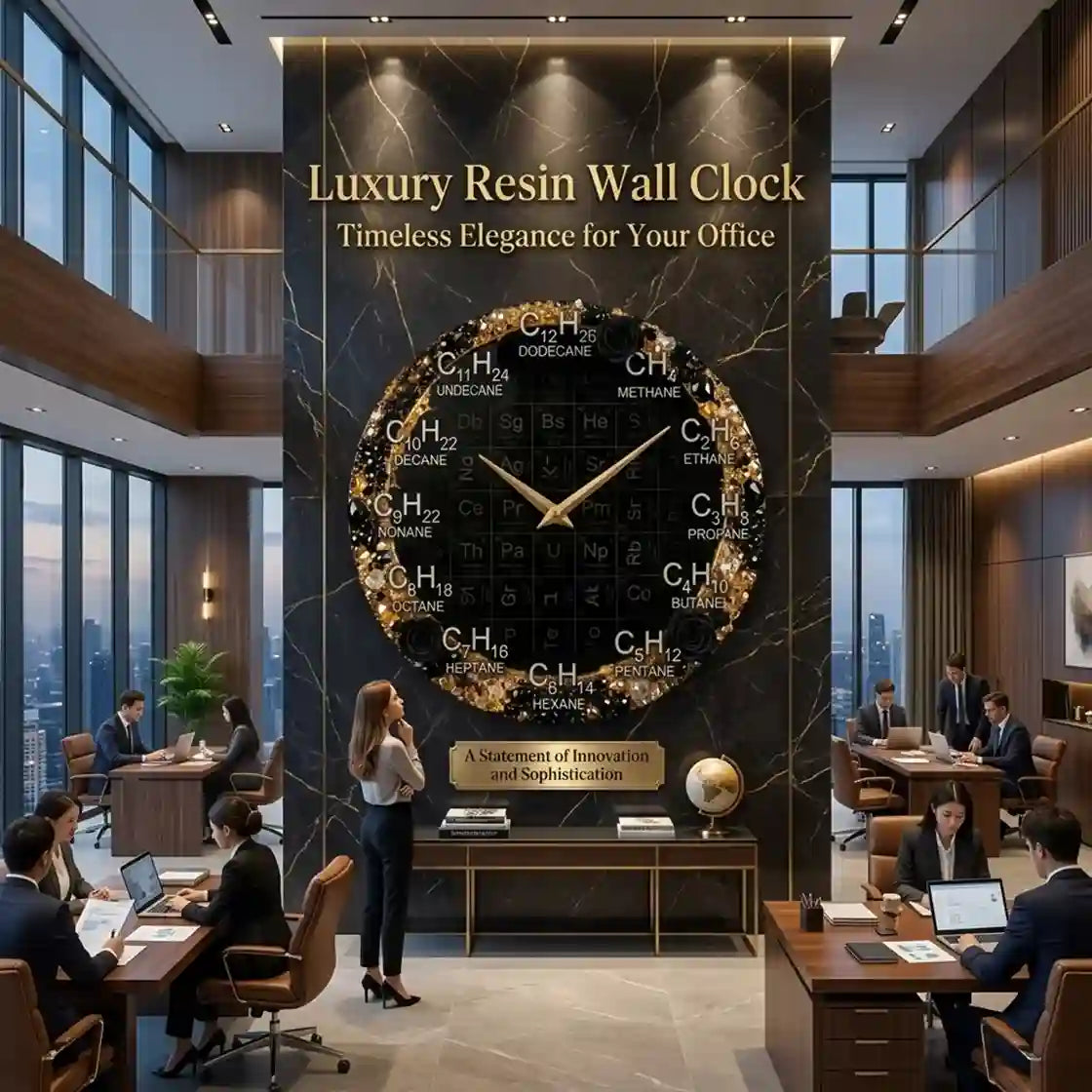 A luxury wall clock made from a periodic table of elements in gold and black, mounted on a dark marble pillar in a modern office lobby with people working at desks.