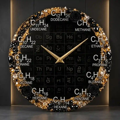 MEHMAT Luxury Periodic Table Resin Wall Clock – “Elements of Time” Handmade Chemistry Art Alkane Molecule Design