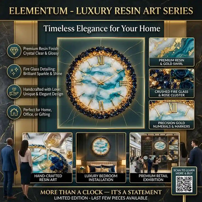 A promotional graphic for an Elementum luxury resin art series, featuring a large central resin clock with swirling blue and white marble-like patterns, gold Roman numerals, and a gold-toned frame. The design includes smaller inset images of similar resin art pieces, marketing callouts such as premium resin finish, fire glass detailing, and handcrafted design, plus lifestyle scenes showing the clocks installed in interior spaces.