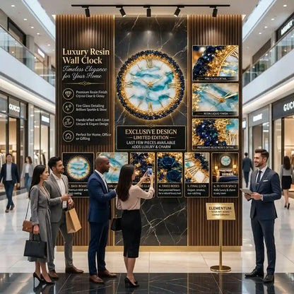 A large promotional display in a shopping mall showcases a luxury wall clock design with multiple inset images of clock faces and text reading 'Luxury Resin Wall Clock' and 'Exclusive Design.' Several people are standing and viewing the display, so this is a Lifestyle image rather than a clean product-only shot.