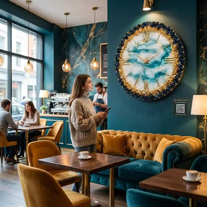 A large decorative wall clock with a blue and white marble face and a gold and dark blue beaded frame hangs on a dark teal wall in a stylish cafe with velvet chairs and patrons.