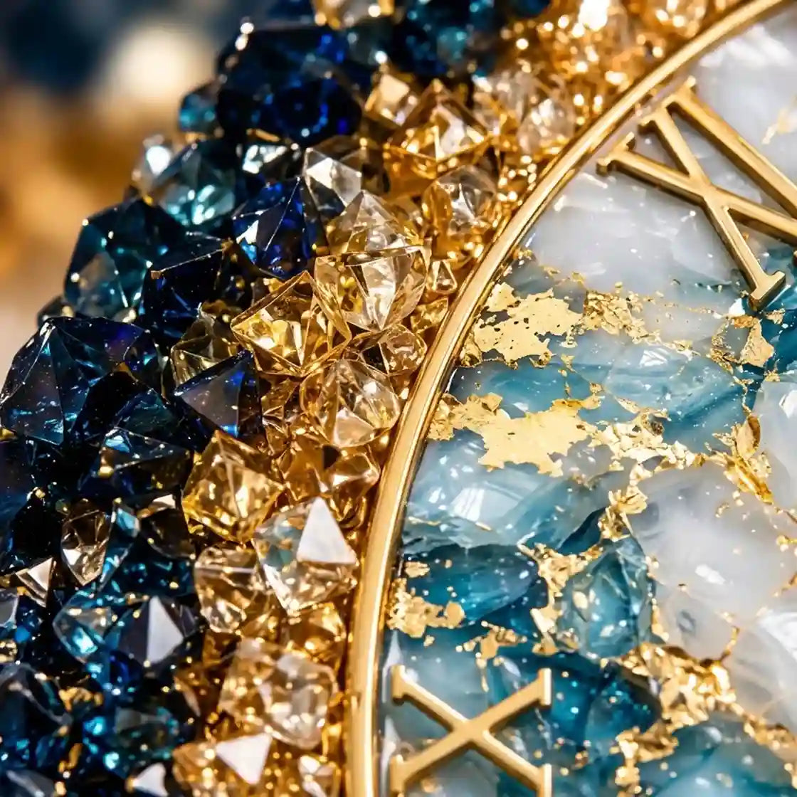 Close-up of a luxury clock face featuring a marbled blue and white agate pattern, accented with shimmering gold leaf and faceted blue, gold, and clear crystals around Roman numerals.