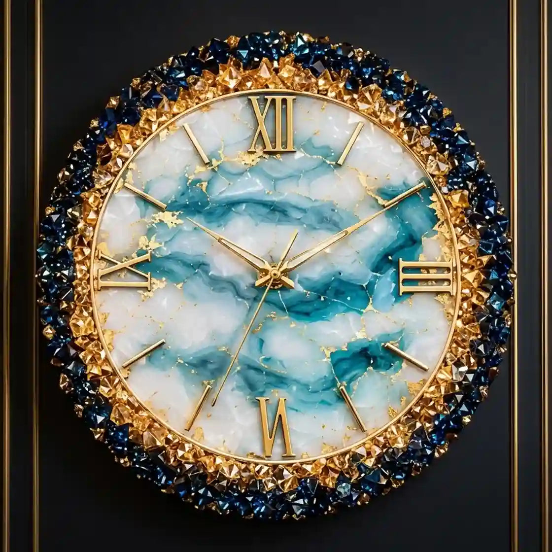 Round wall clock with a gold-tone frame, deep blue and teal marbled dial, Roman numerals, and a border of faceted blue and gold stones, shown against a dark background.