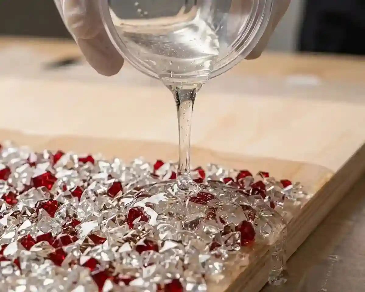 A close-up of a gloved hand pouring clear liquid over a board covered with crushed clear and red crystals.