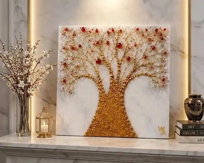 A square wall art piece featuring a stylized tree with a gold textured trunk and branches, white marble-like leaves, and scattered red jewel-like accents, displayed on a marble mantel in an interior setting.