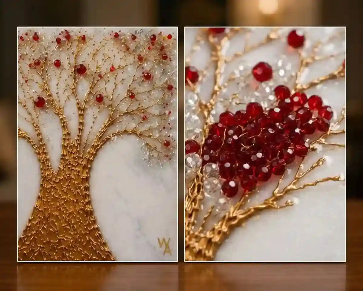 A diptych-style product image showing two views of an ornate tree artwork: a full view on the left and a close-up detail on the right. The design features a gold-toned tree trunk and branches with many faceted red gem-like berries and some clear/white stones on a white marble-like background, set against a warm blurred interior backdrop.
