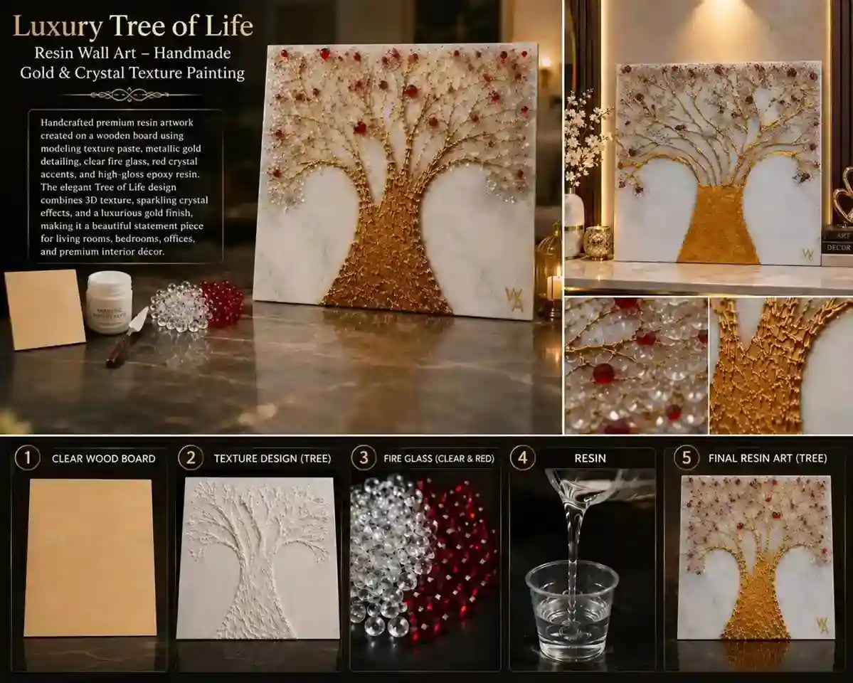 A collage showing a handcrafted resin wall art canvas featuring a gold and crystal-embellished tree of life design, alongside step-by-step process panels and product details.