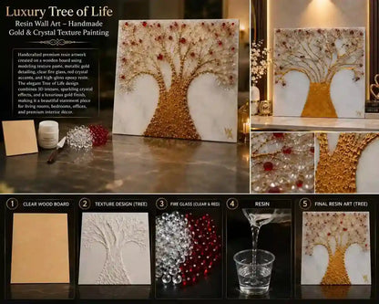 A collage showing a handcrafted resin wall art canvas featuring a gold and crystal-embellished tree of life design, alongside step-by-step process panels and product details.