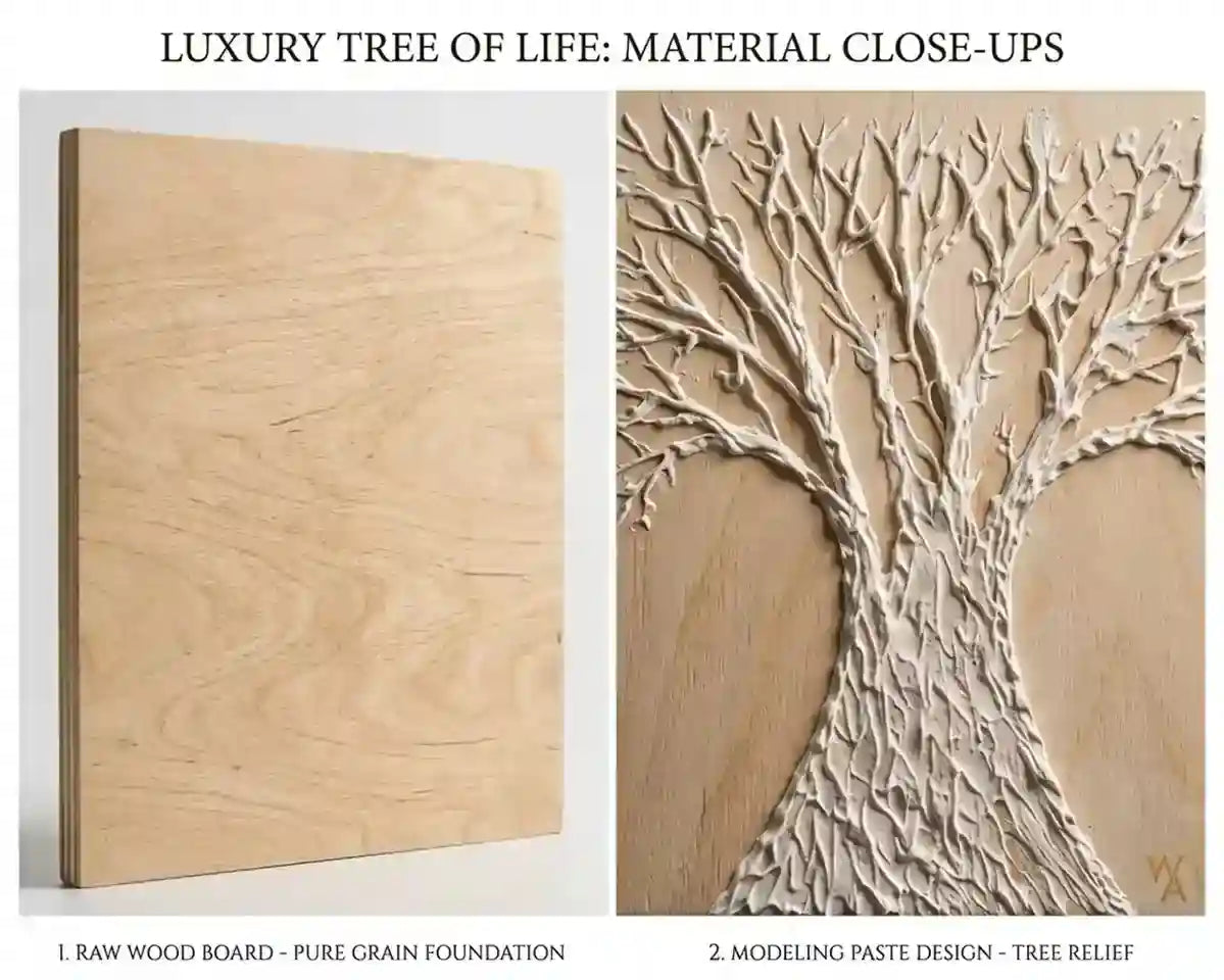 A two-panel close-up comparison labeled 'LUXURY TREE OF LIFE: MATERIAL CLOSE-UPS.' The left panel shows a raw wood board with natural grain, and the right panel shows a carved tree relief made from modeling paste on top of the wood board.
