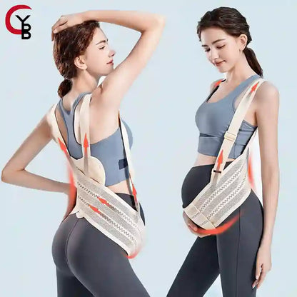 Two views of a pregnant woman modeling a beige maternity support belt with orange-red accent straps against a light blue background. The left view shows the back support and the right view shows the front support over the belly.