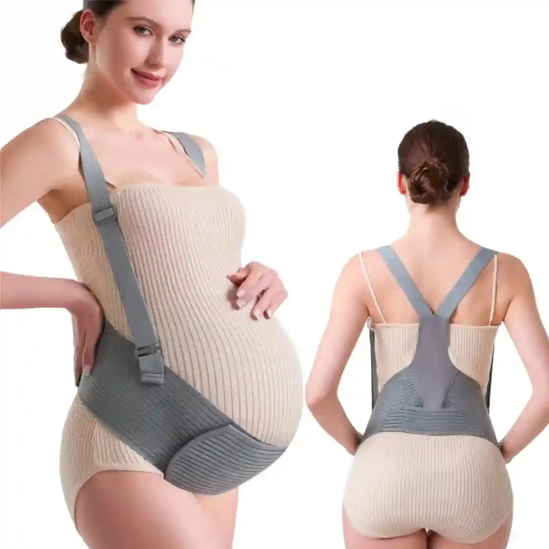 Woman wearing a beige maternity support belt with gray straps, shown from front and back.