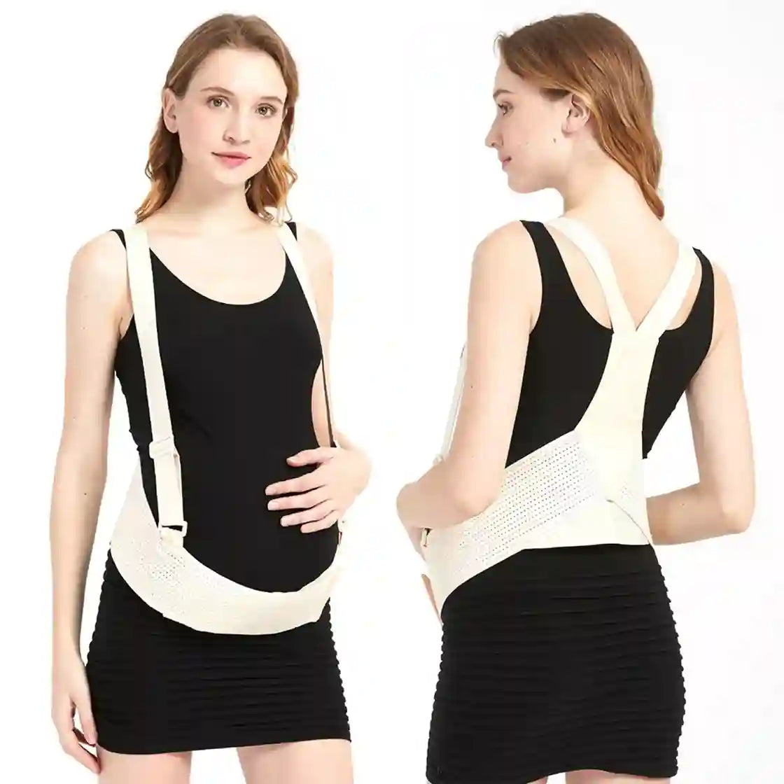 Woman wearing a white posture corrector with front and back views on a white background