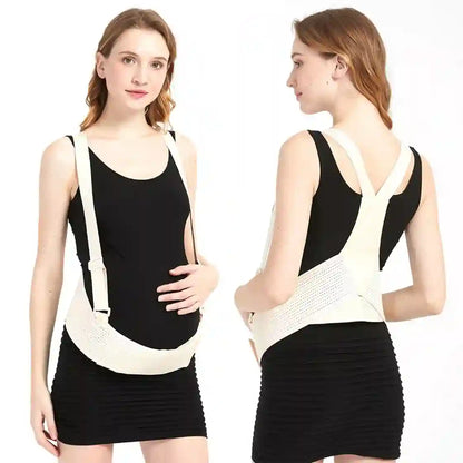 Woman wearing a white posture corrector with front and back views on a white background