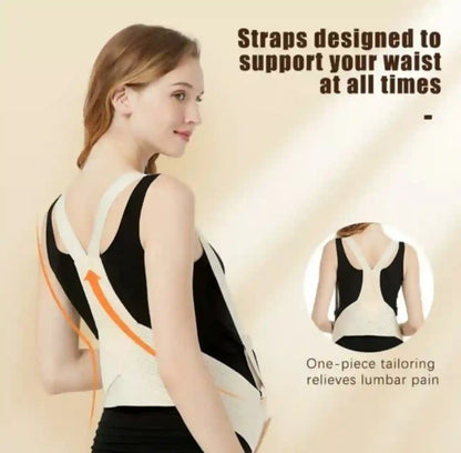 Woman wearing a back support brace with text highlighting its features on a beige background