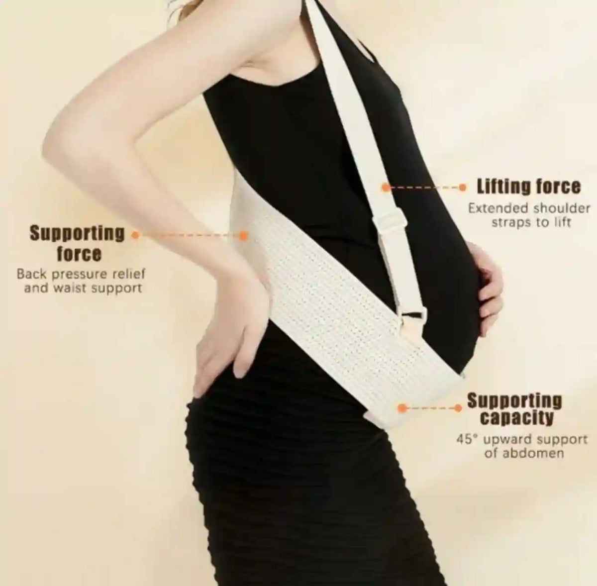 Pregnant woman wearing a black dress with a white shoulder support belt, showing text labels on force and capacity.