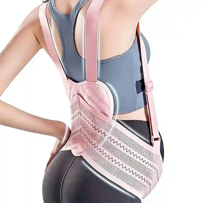 A pink and white posture corrector brace worn on a woman's lower back and waist, shown from the back against a white background.
