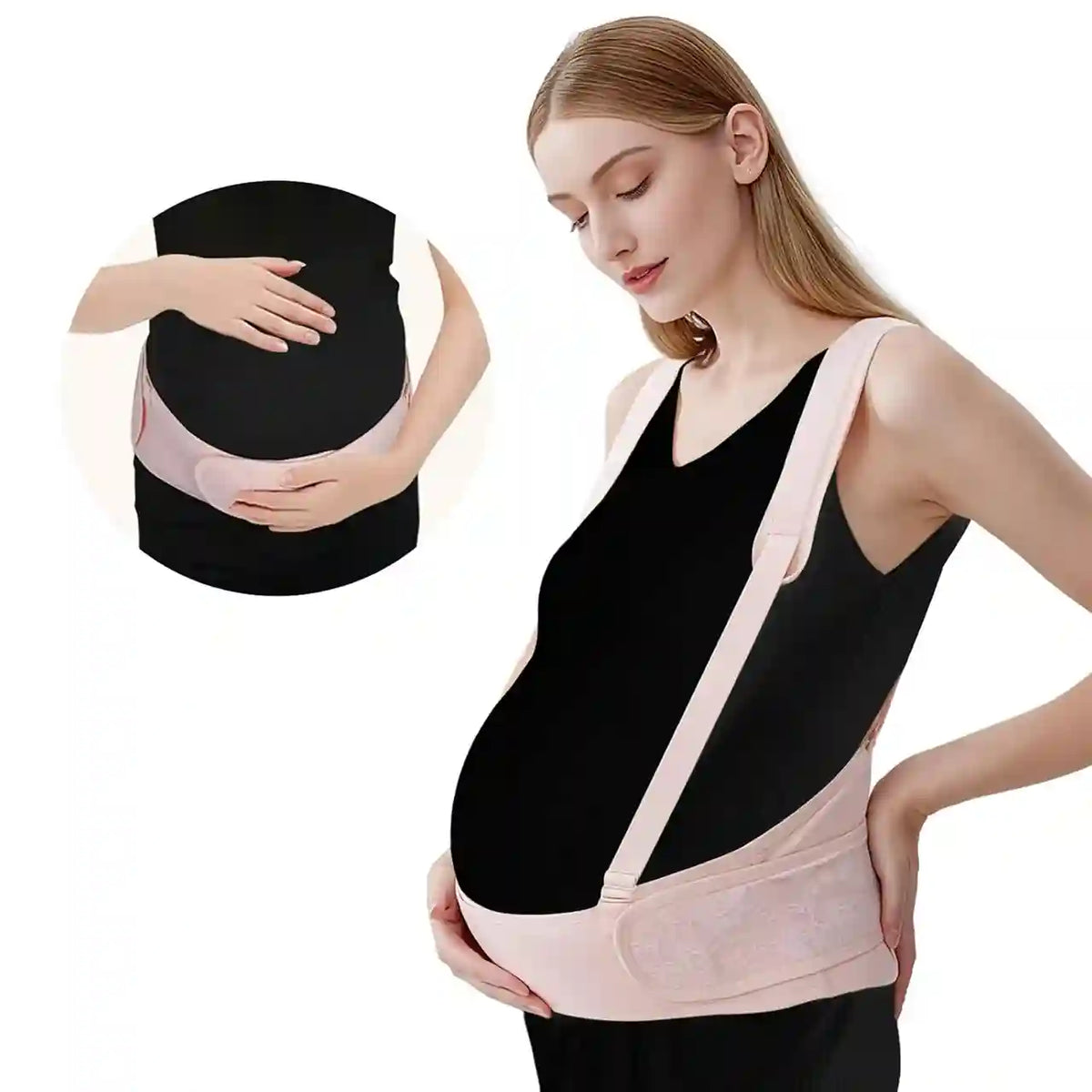 A pregnant woman wearing a black belly support belt with a light pink waist strap, shown against a white background with a circular inset demonstrating the belt around the belly.