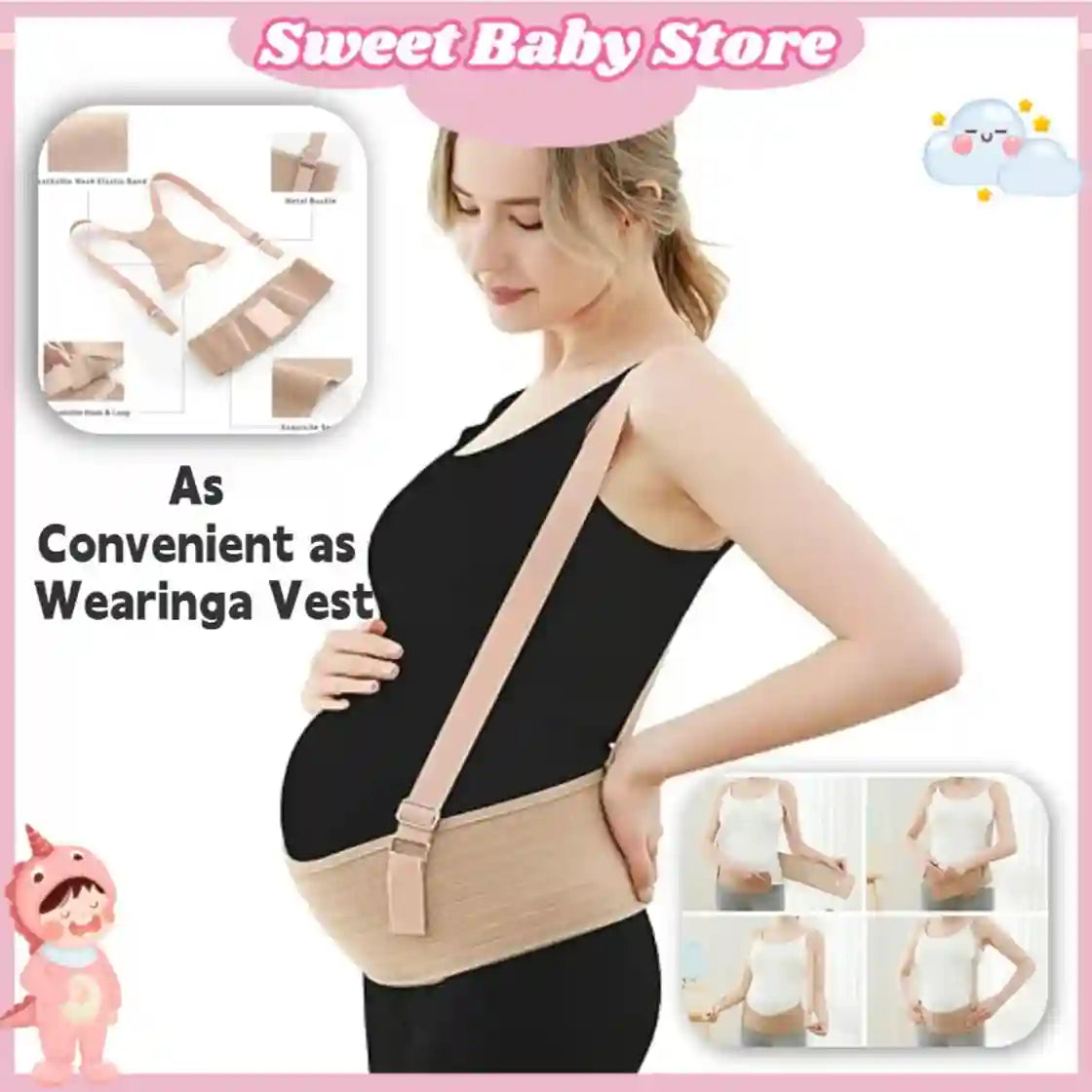 A pregnant woman wearing a beige maternity support belt over a black tank top, shown on a white background with product inset diagrams and the text 'Sweet Baby Store' and 'As Convenient as Wearinga Vest'.