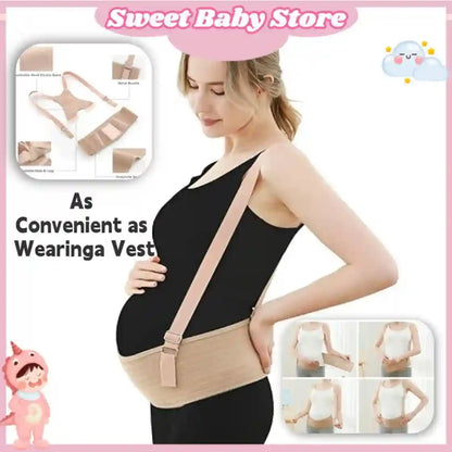 A pregnant woman wearing a beige maternity support belt over a black tank top, shown on a white background with product inset diagrams and the text 'Sweet Baby Store' and 'As Convenient as Wearinga Vest'.