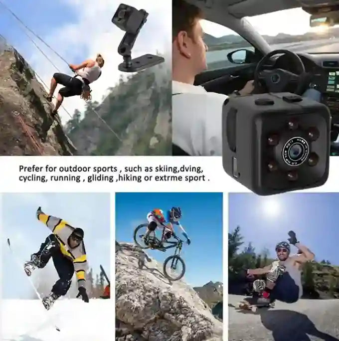 A collage showing a small black cube-shaped action camera mounted in different outdoor and driving scenarios, including a climber, a driver, a snowboarder, a mountain biker, and a person in the snow. A text overlay reads: 'Prefer for outdoor sports, such as skiing, diving, cycling, running, gliding, hiking or extreme sport.
