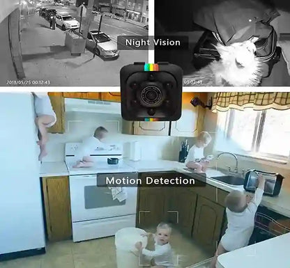 Small camera with night vision and motion detection features shown in various settings.